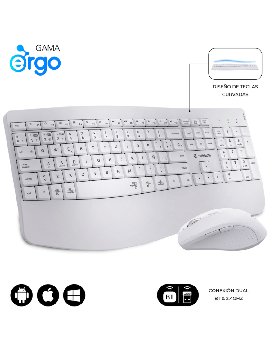 SUBBLIM SUBKBC-DCOPW1 teclado Ratón incluido Hogar / Oficina RF Wireless + Bluetooth QWERTY Español Blanco