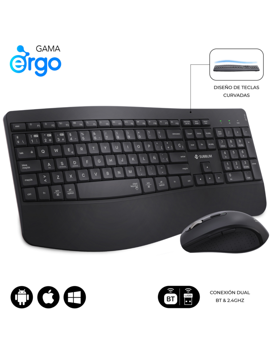 SUBBLIM SUBKBC-DCOPW2 teclado Ratón incluido Hogar / Oficina RF Wireless + Bluetooth QWERTY Español Negro