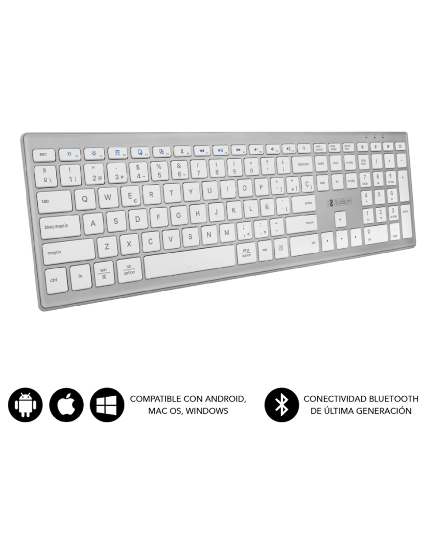 SUBBLIM Teclado Completo delgado inalámbrico Bluetooth Pure Extended Silver