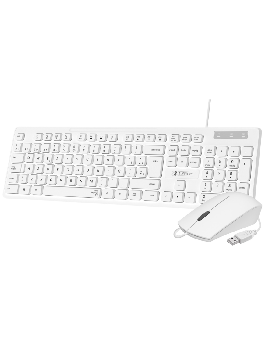 SUBBLIM Teclado Ergonómico y ratón Combo Business Slim Silencioso con cable USB Blanco